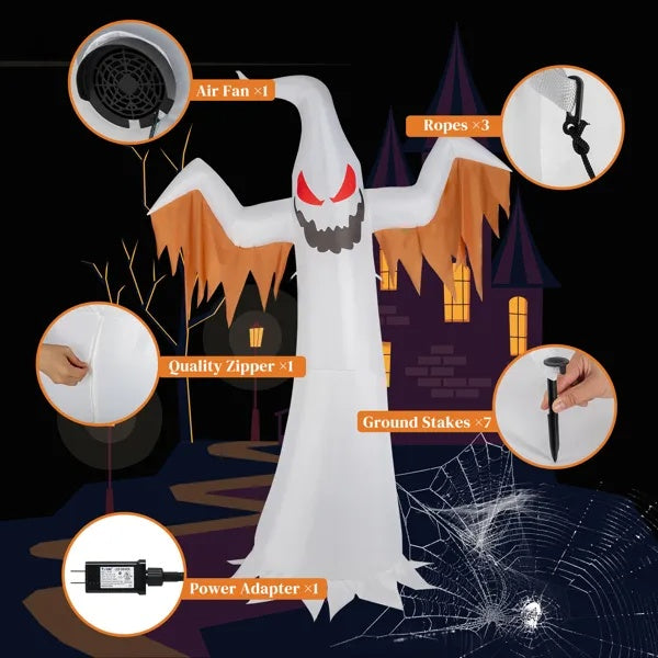 Halloween inflatable ghost decoration with components highlighted on a dark background