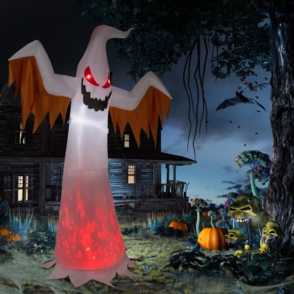 Halloween inflatable ghost with red eyes and glowing red base in front of a spooky house and trees.