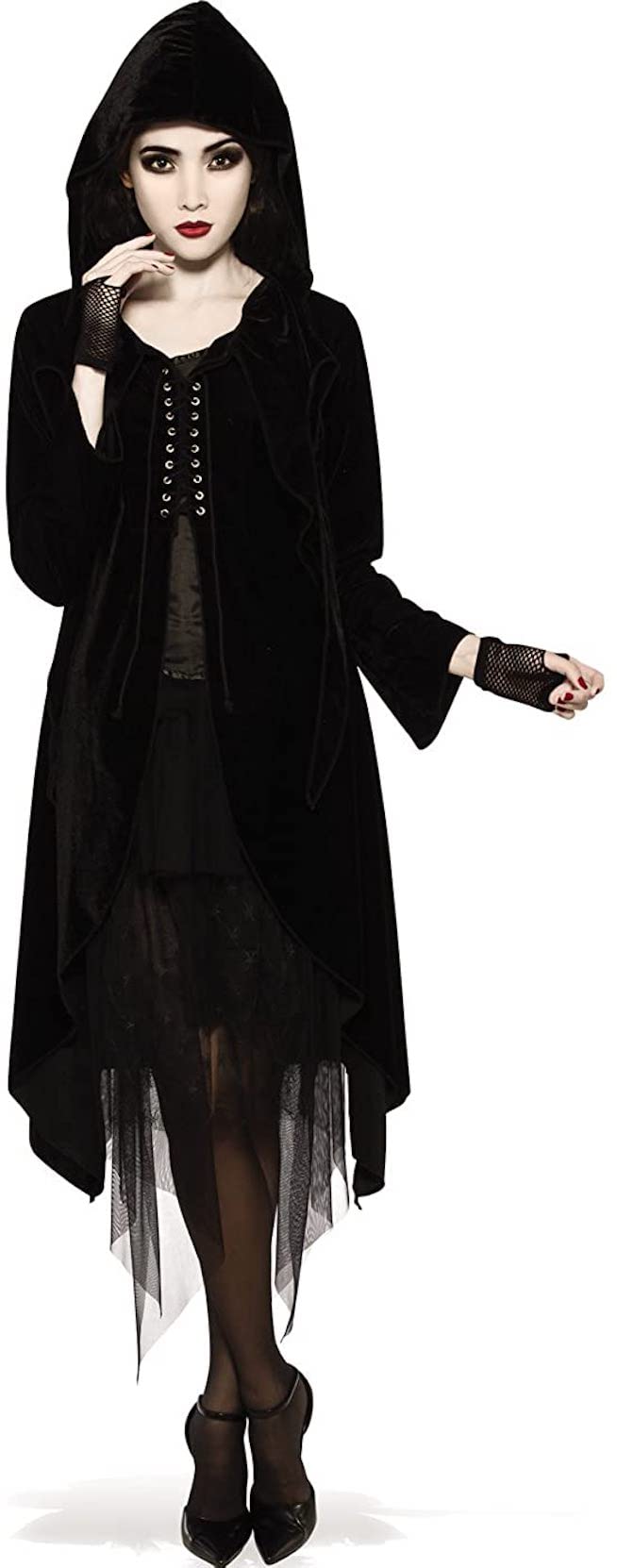 Womens Black Lace Up Hooded Costume Robe