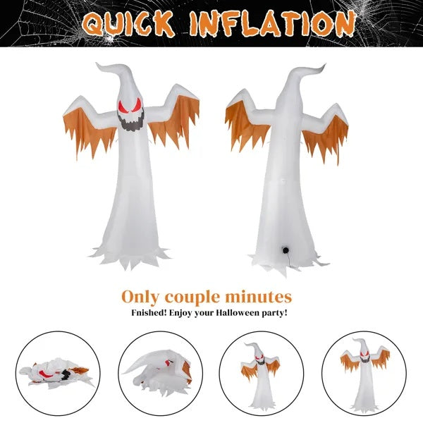 Inflatable ghost decoration with quick inflation text and images of the process.