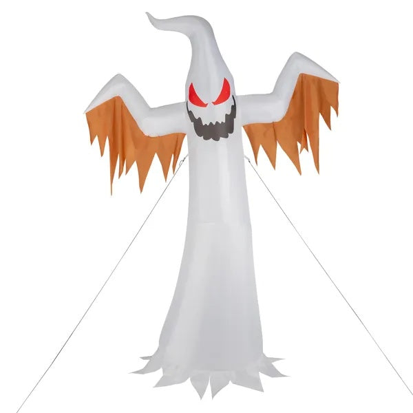 Halloween inflatable ghost decoration with orange wings and red eyes on a white background