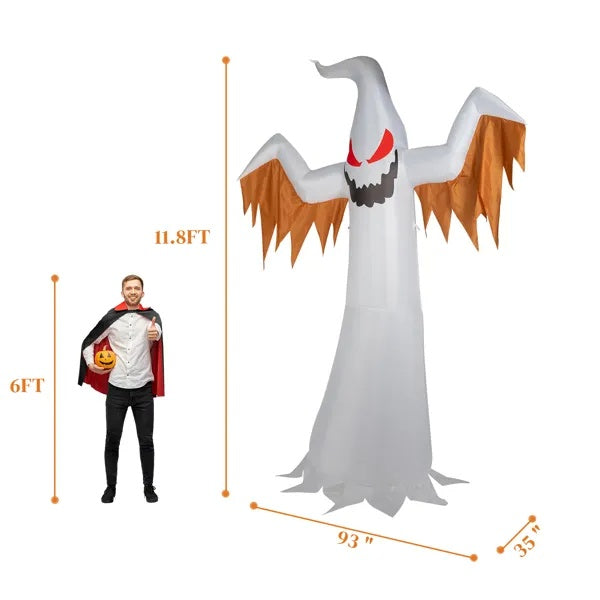 Inflatable ghost decoration with a person for scale on a white background