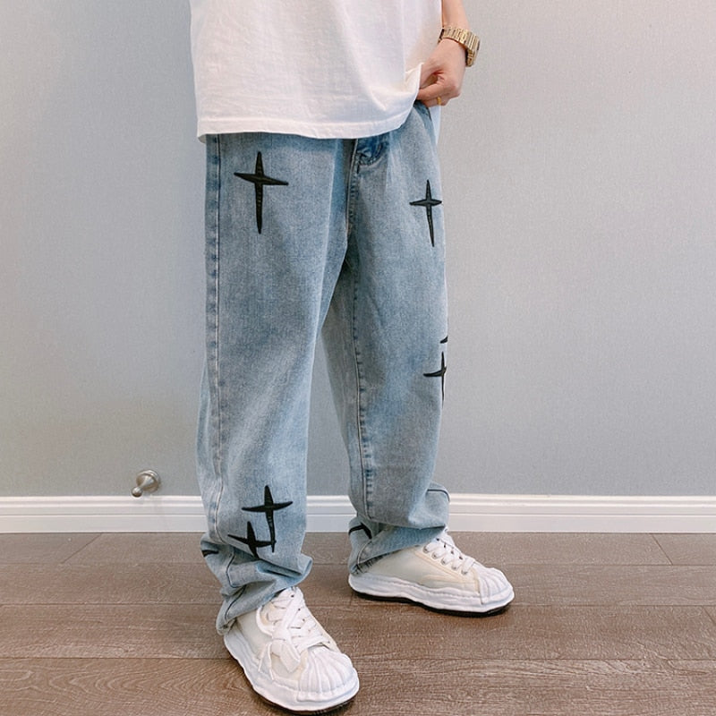 Embroidered Jeans Men's Straight Loose